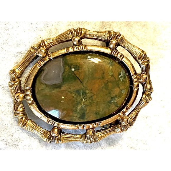 Vintage Rainforest Jasper Brooch/Pendant, 2” Gold Tone Bezel - Picture 1 of 4